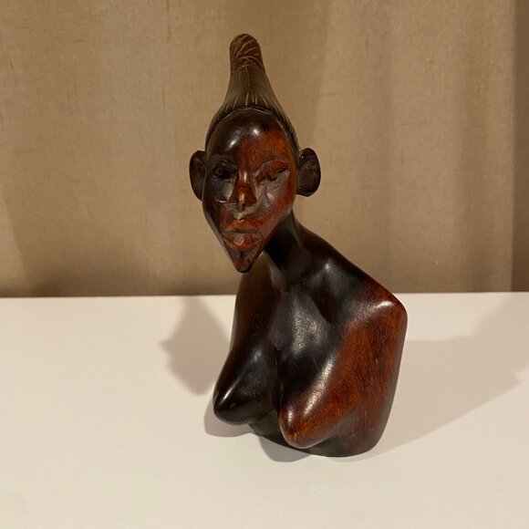 African Woman Carved Ebony Bust 7 Folk Tribal Art Sculpture - Picture 4 of 8